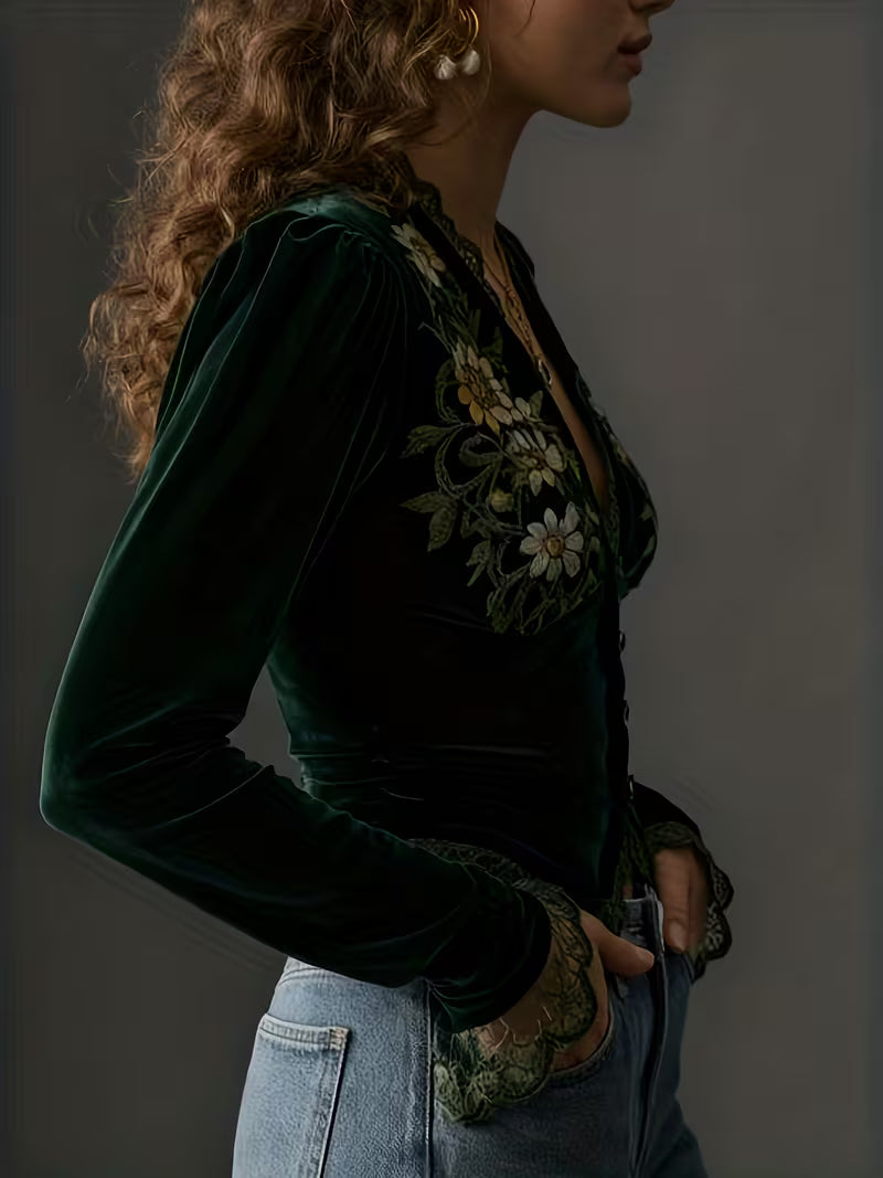 Nora | Long-Sleeve Velvet Blouse with Embroidered Flowers
